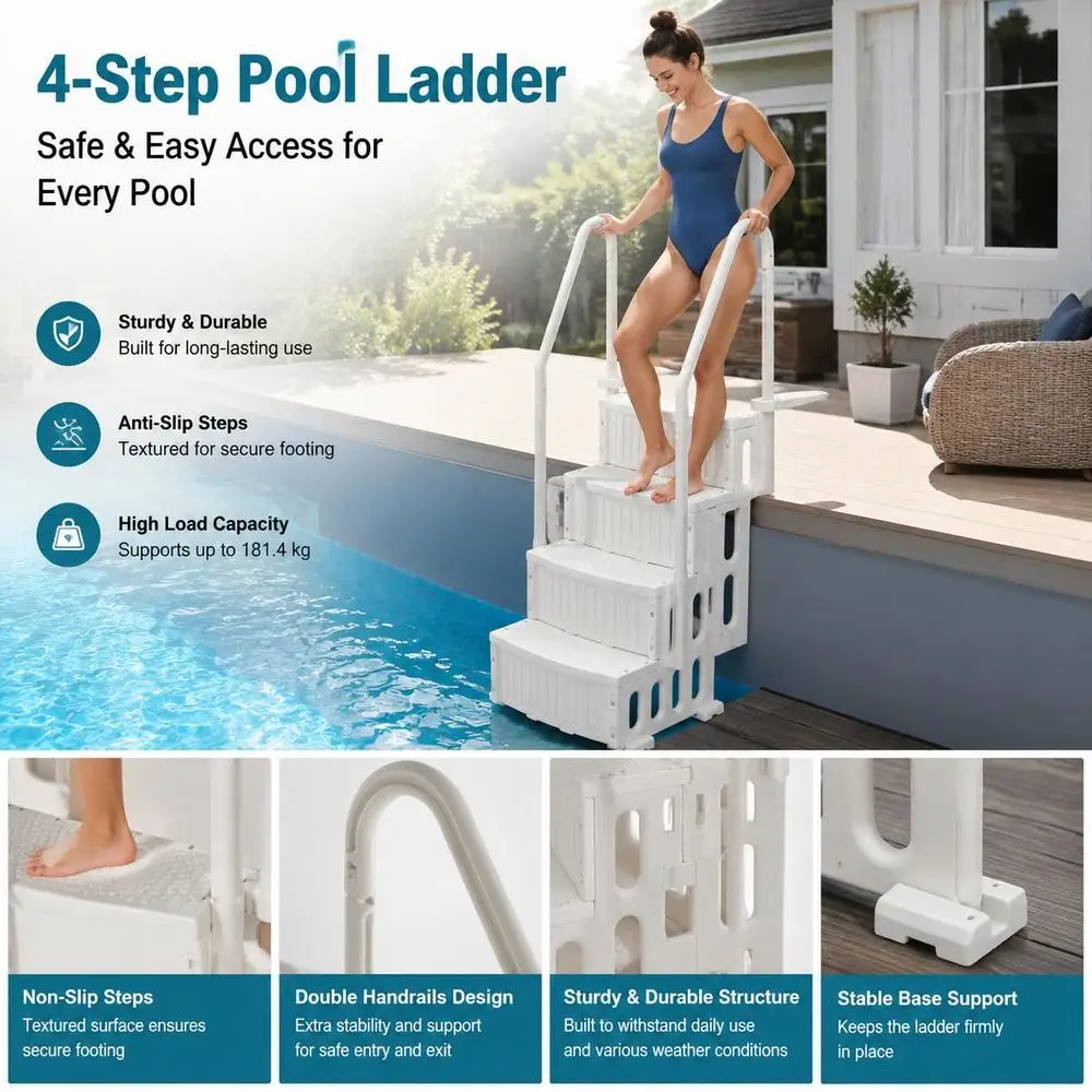 Échelle de piscine, marches de piscine en plastique avec 2 rampes, 4 marches antidérapantes, capacité de charge de 180 kg, marches de piscine pour piscines creusées de 122-137 cm, terrasse, maison,