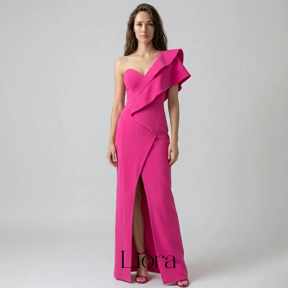 Liora Customized Pink Mermaid Evening Dress One-Shoulder Floor-Length Ruffle High Slit Wedding Guest Gowns Vestido De Festa