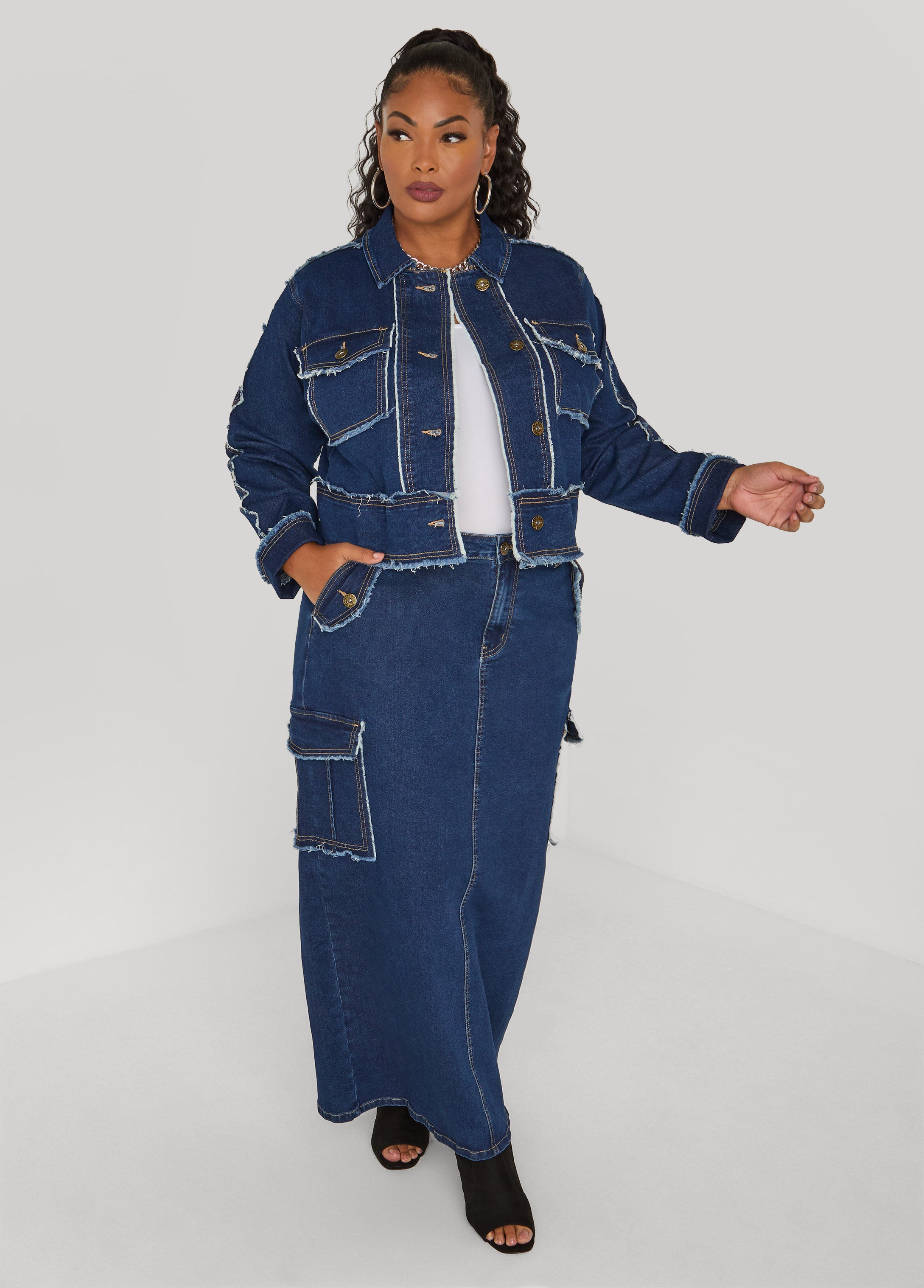 Plus Size Frayed Denim Cargo Skirt