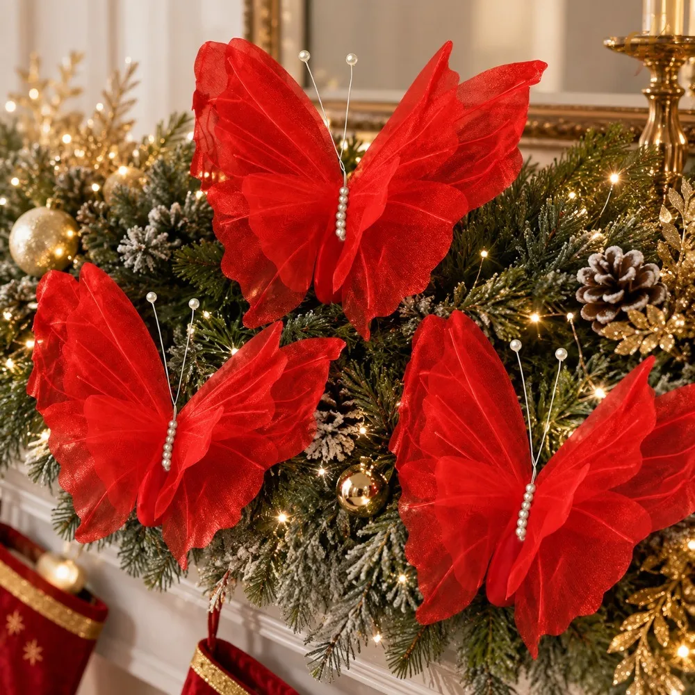 Décorations suspendues en forme de papillon rouge, décorations pour sapin de Noël, décorations pour cheminée, décorations pour mariage, décorations pour fenêtres d’anniversaire, décorations de Noël.