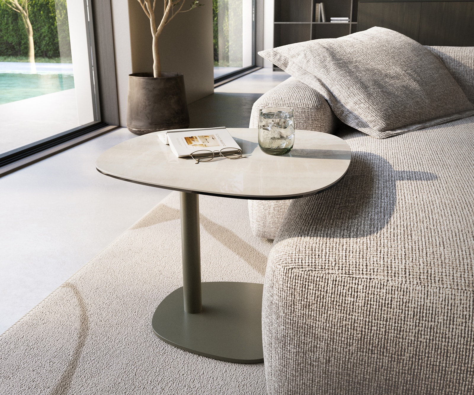 DELIFE Beistelltisch Edge Boot 60x60 cm Keramik Onyx Champagne Eleny Metall Effektfinish Titan, Beistelltische