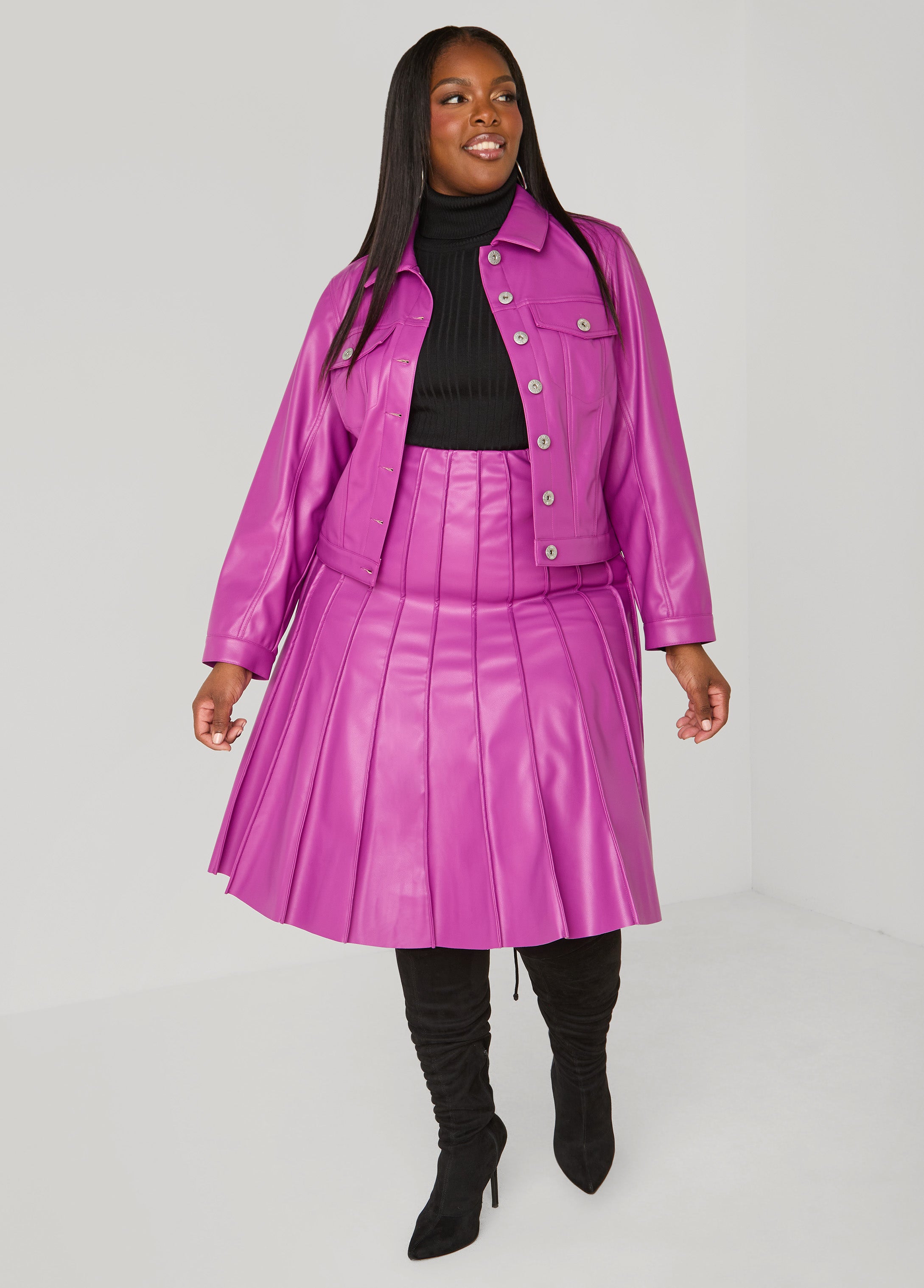 Plus Size Pleated Faux Leather A Line Skirt
