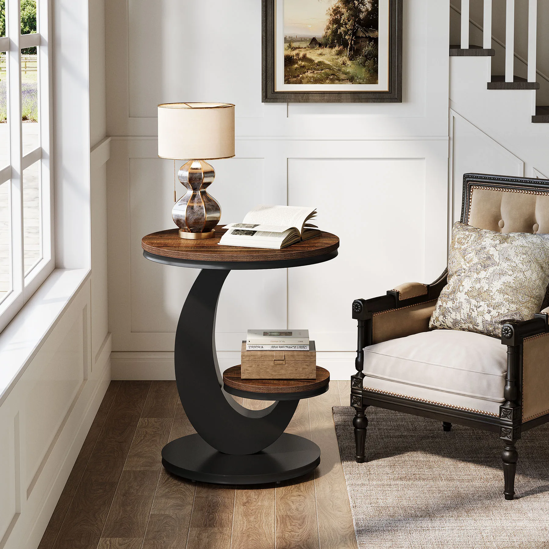 Tribesigns Beistelltisch rund, 2-Tier Schmal Couchtisch, Sofatisch Nachttisch mit Holz-Metall-Bogengestell, Industrie-Design für kleine Räume, Wohnzimmer, Schlafzimmer, Braun (1 Stück)