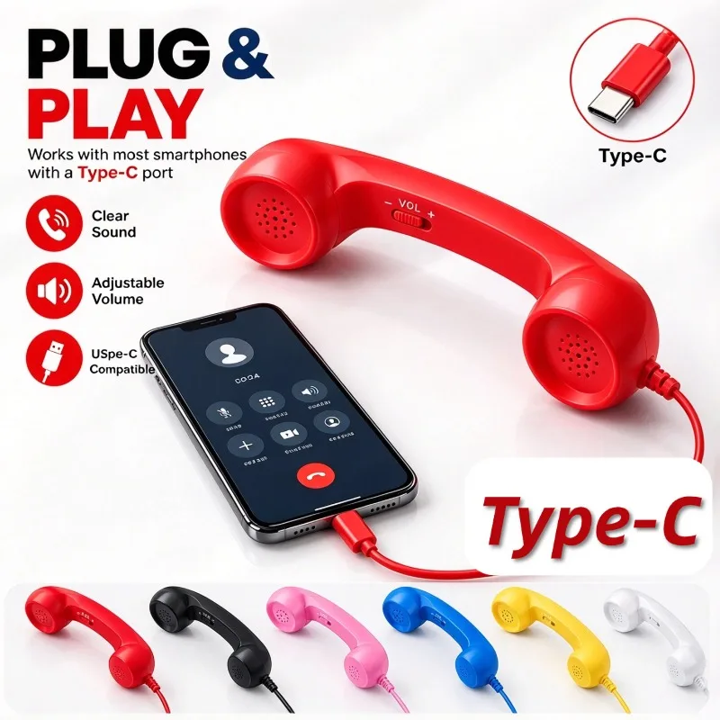Type C Retro Telephone Handset Anti Radiation Cell Phone Receiver Wired Mic Earphone For iPhone Samsung Android Phone