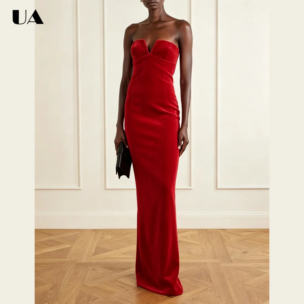 ULBYANRY Elegant Velvet Strapless Formal Dress Classy Solid Sleeveless Evening Dresses for Women Customized Slim Fit Prom Dress
