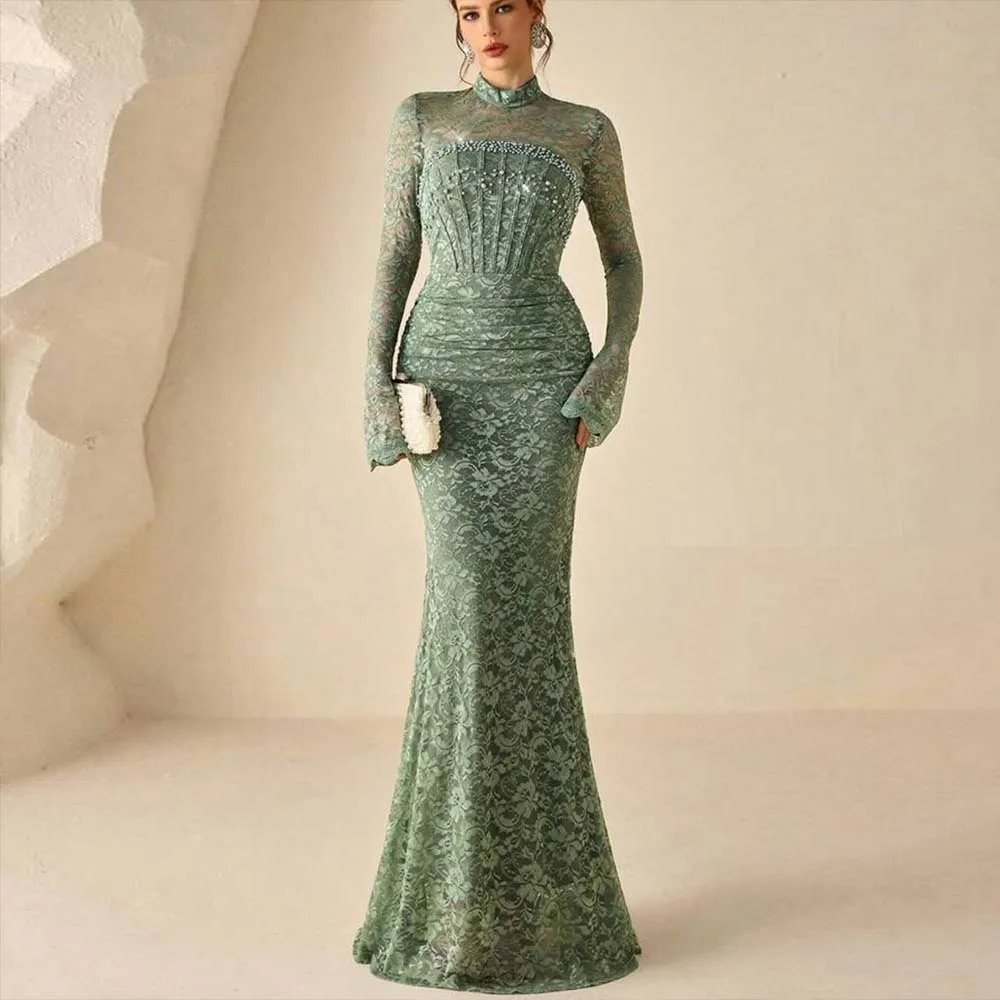 Modern Customized Prom Dress Lace Evening Dress Long Sleeves Formal Party Dress Floor Length Mermaid Beading Saudi Gown