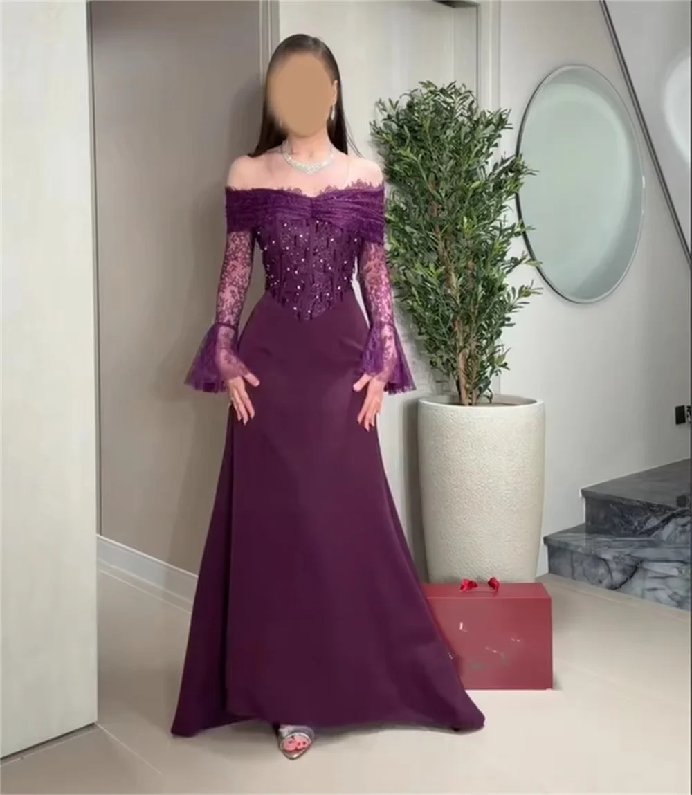 Purple Beaded Long Sleeves Bespoke Occasion Gown Evening Dresses Prom Pastrol Unisex Jersey Retro Dubai Saudi Arabic Customized