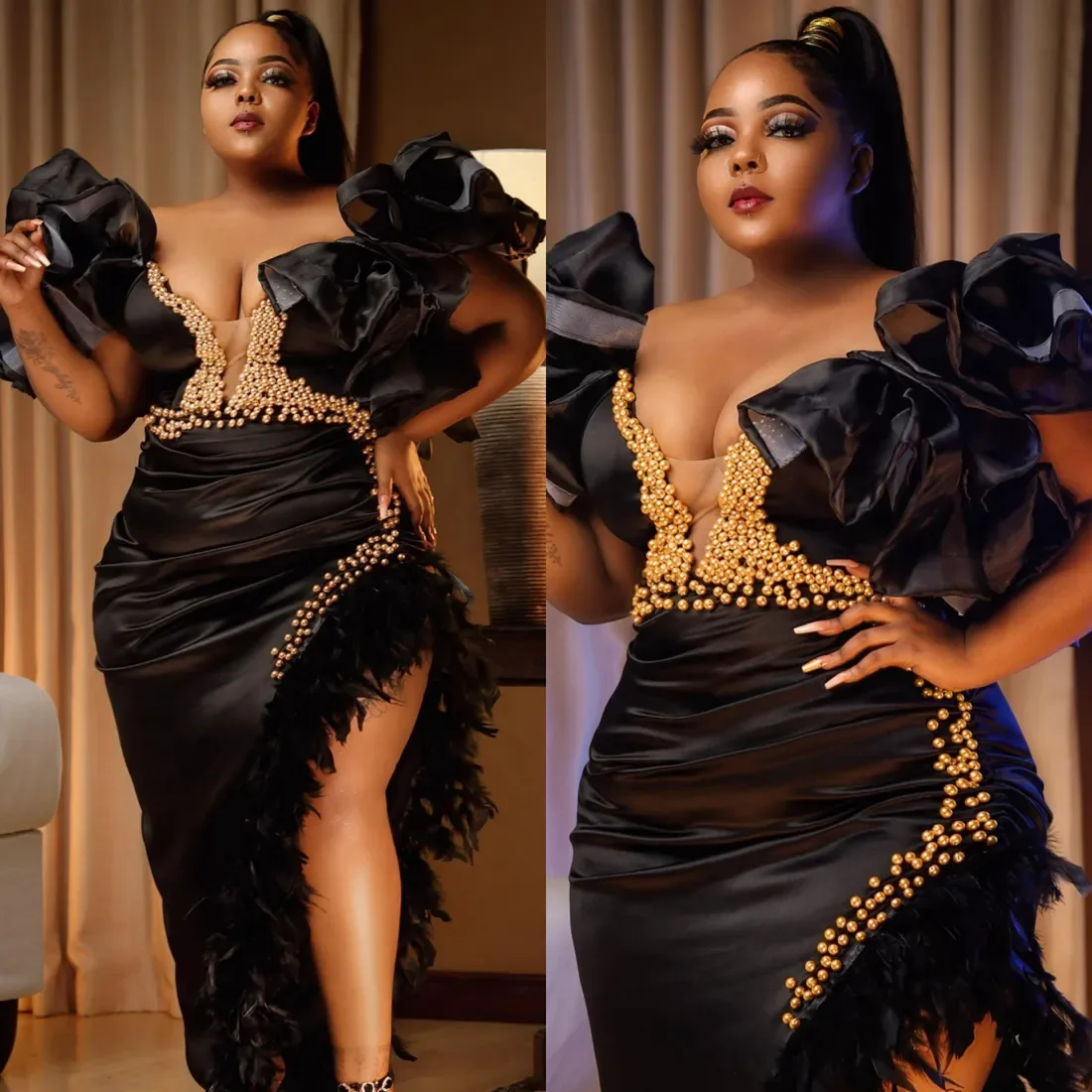 2024 Plus size PROM dress Black V-neck Sexy mermaid Feather Pearl Birthday party Engagement Second Reception Evening dress