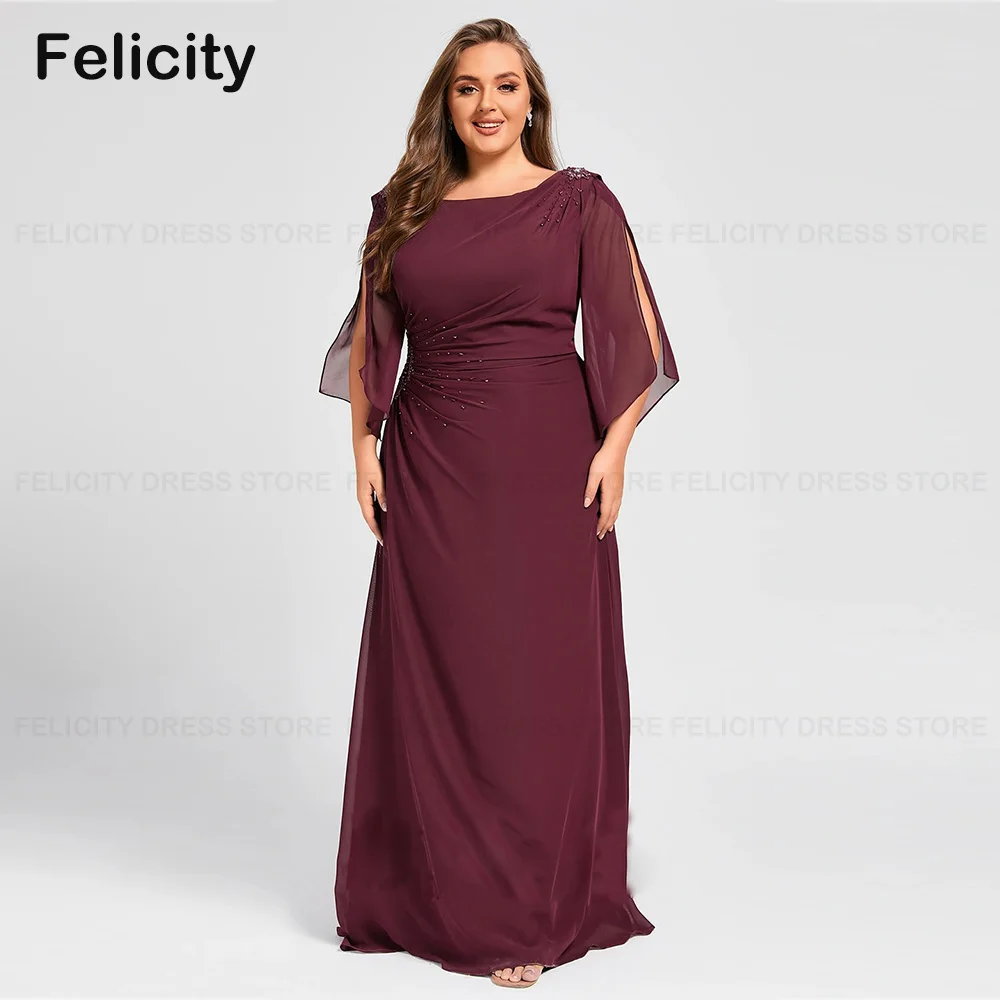 FELICITY Plus Size Mother of the Bride Dresses 2025 Customized Sheath O-Neck Beading Pleated Elegant Party Wedding Guest Dresses