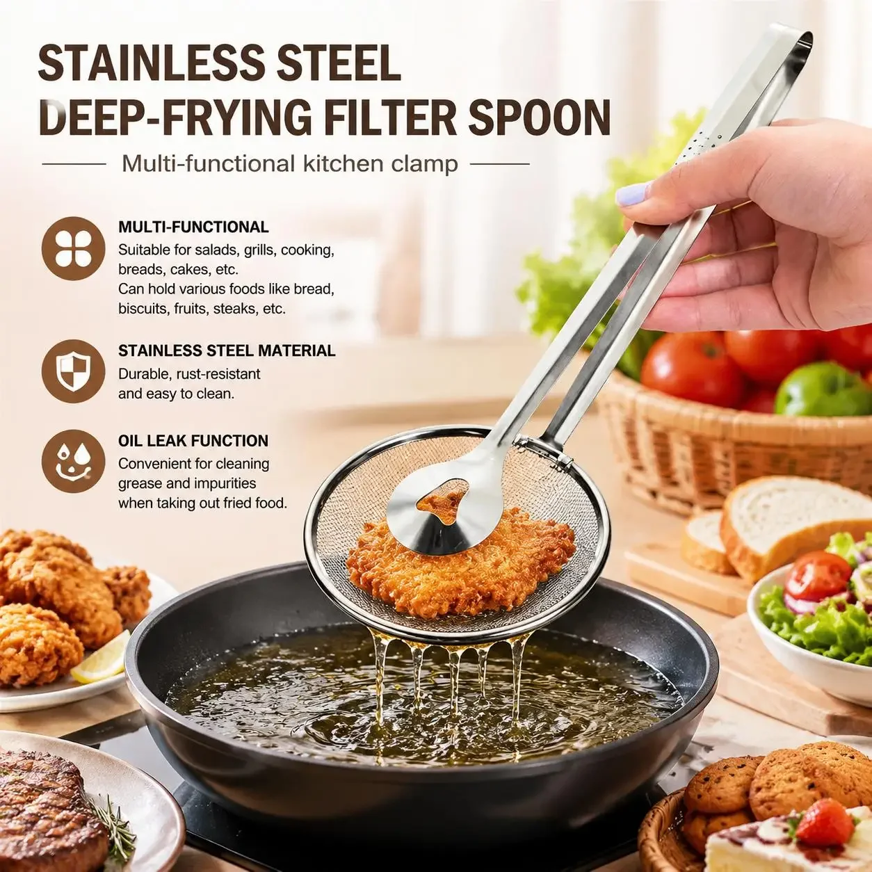 Stainless Steel Fine Mesh Strainer Spoon with Clip Kitchen Oil Filter Colander for Cooking Fried Food Salad BBQ Heat Resistant Kitchen Utensils Home Dining Supplies Straining Oil Soup Sauce Pasta