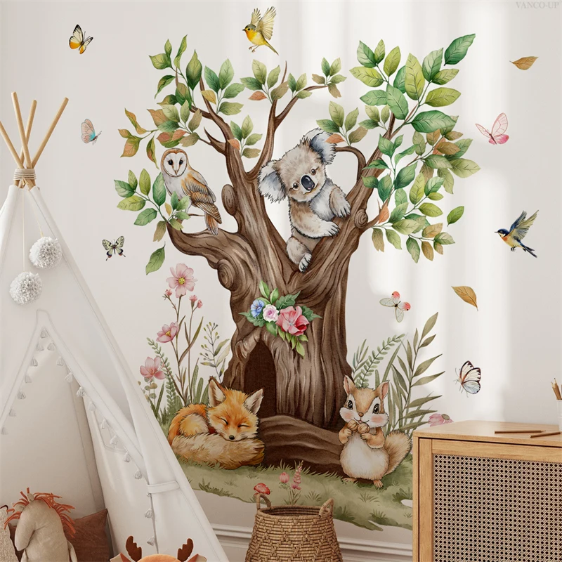 Cartoon Niedliche Fuchs Eichhörnchen Koala Baum Wald Tier Wandaufkleber für Babyzimmer Schlafzimmer Wandhintergrund Dekorative Wandtattoos