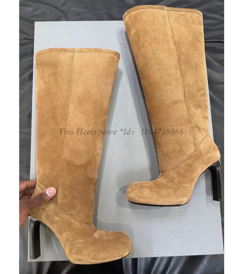 2022 Winter Neu in Big Roound Toe Braun/Schwarz Wildleder Kniehohe Stiefel Blockabsatz Warme Luxus Designer Weiche Lange Stiefel Sexy Schuhe