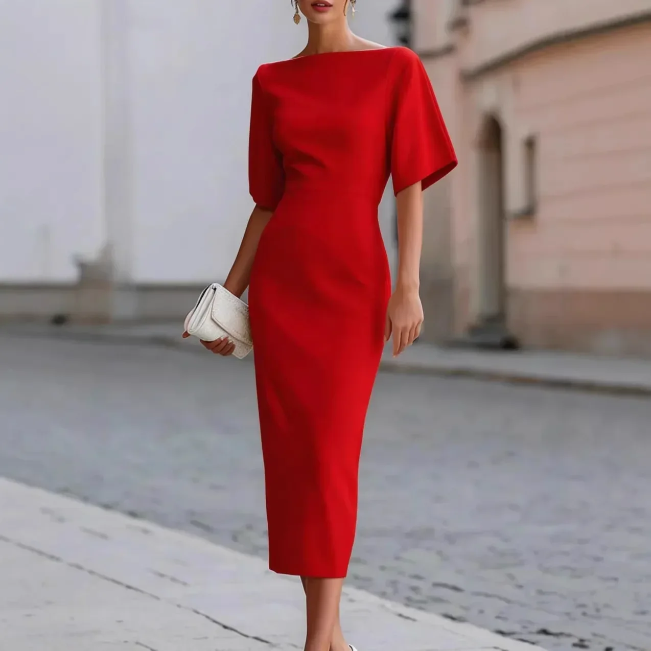 Elegant Ladies Boat Neck Pencil Dress Solid Color Batwing Sleeve Slim Fit Formal Midi Dress