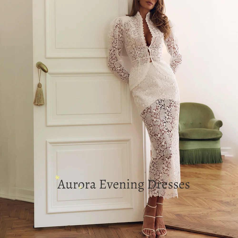 Aurora Elegant Evening Dresses for Women White Two Piece Lace Midi Gown High Neck Puff Long Sleeve Sheath Formal Party Dress