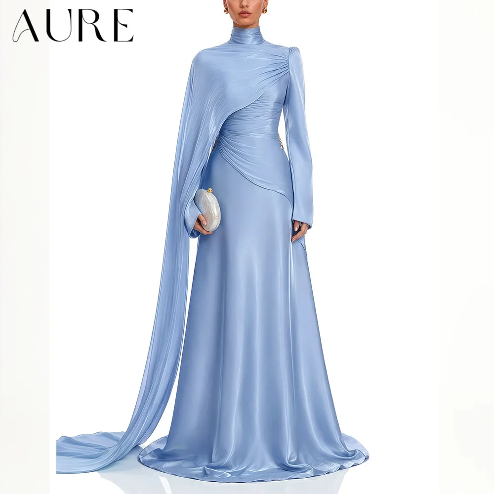 Aure Customized High Neck Evening Gown for Women Draped Cape Sleeve Lace Up A Line Floor Length Formal Prom Wedding Guest Dress
