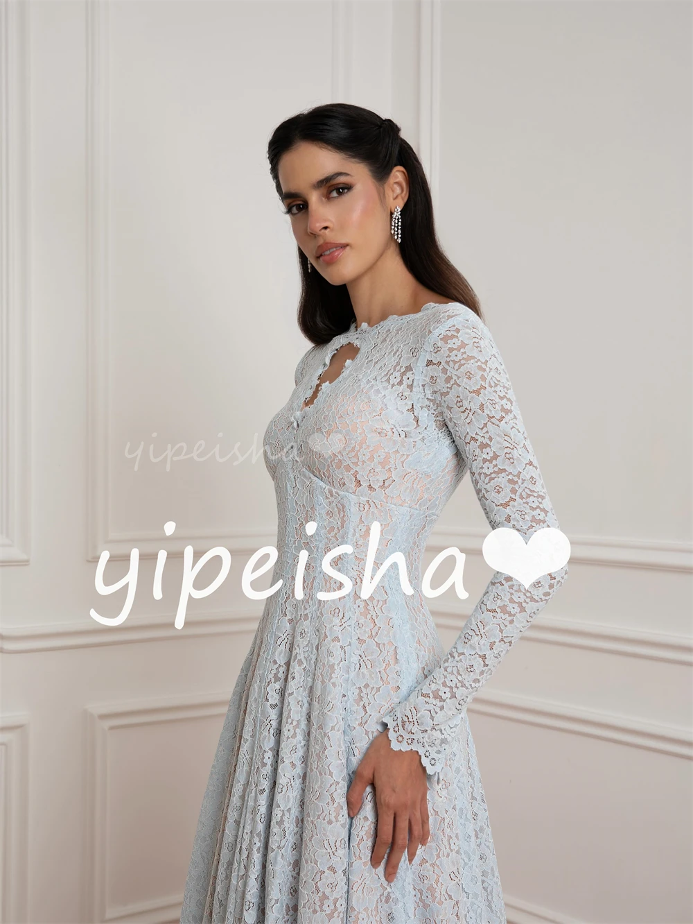 Customized Classic Women Lace Ruched Pleat A-Line Evening Dresses Fashion Formal O-Neck Long Sleeves Floor Lenght Prom Dresses