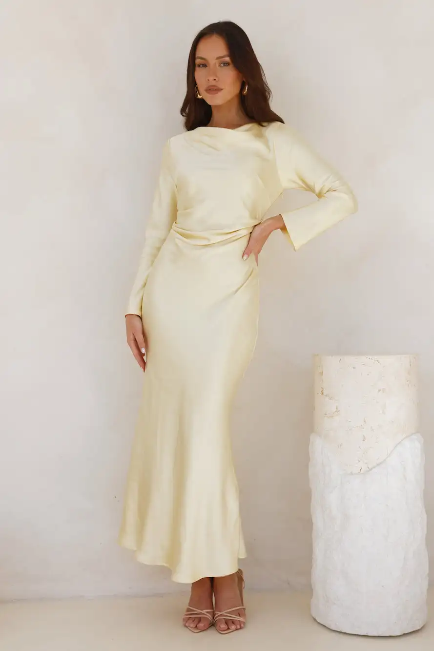 Customized Elegant Pale‑yellow Round Neckline Long‑sleeve Satin Ankle Length Mermaid Dress 2026 New Simple Women Evening Dresses