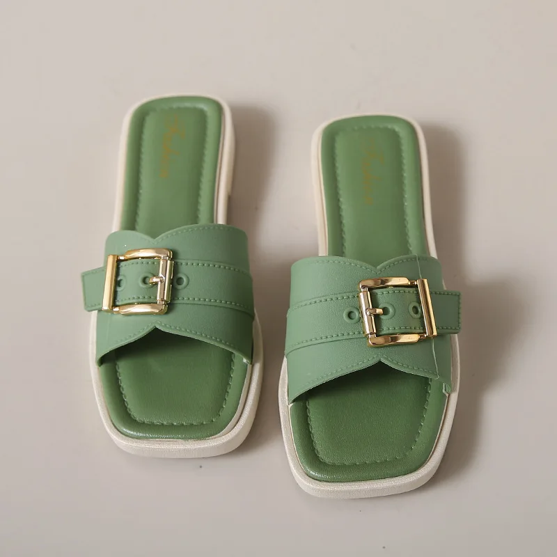 Frauen Flache Hausschuhe Sommer Leder Karree Frauen Wohnungen Flip-Flops Designer Damen Rutschen Sandalen Frauen Schuhe Luxus Sandalen