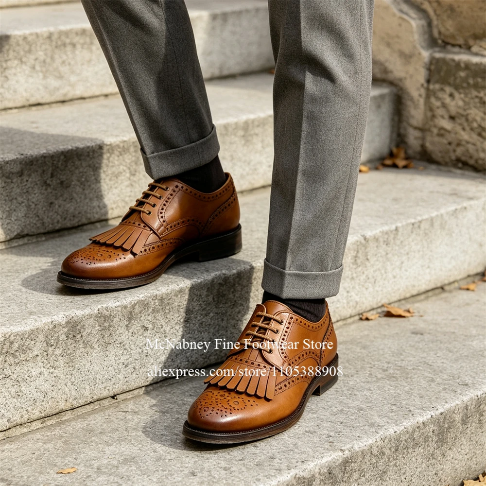 Brogue-Schuhe mit Fransen, runder Zehenpartie, Schnürung, Herren-Oxford-Schuhe, Kunstleder, Retro-Formelle Schuhe, Business-Casual-Herrenschuhe, Übergrößen