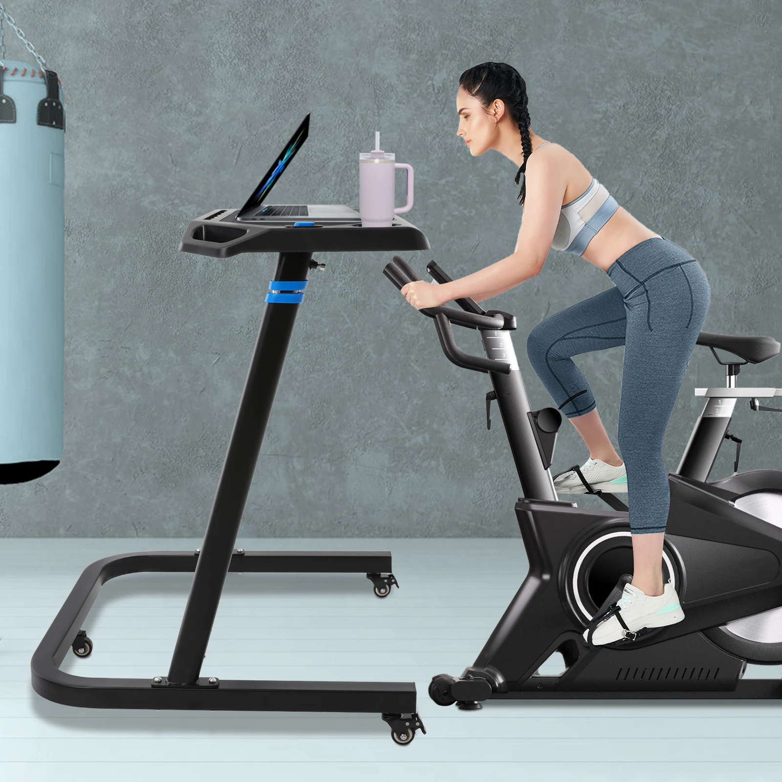Bureau de fitness sur roulettes, bureau de fitness portable et réglable, bureau de fitness sur pied, charge maximale de 50 kg, pour tapis de course, vélo d
