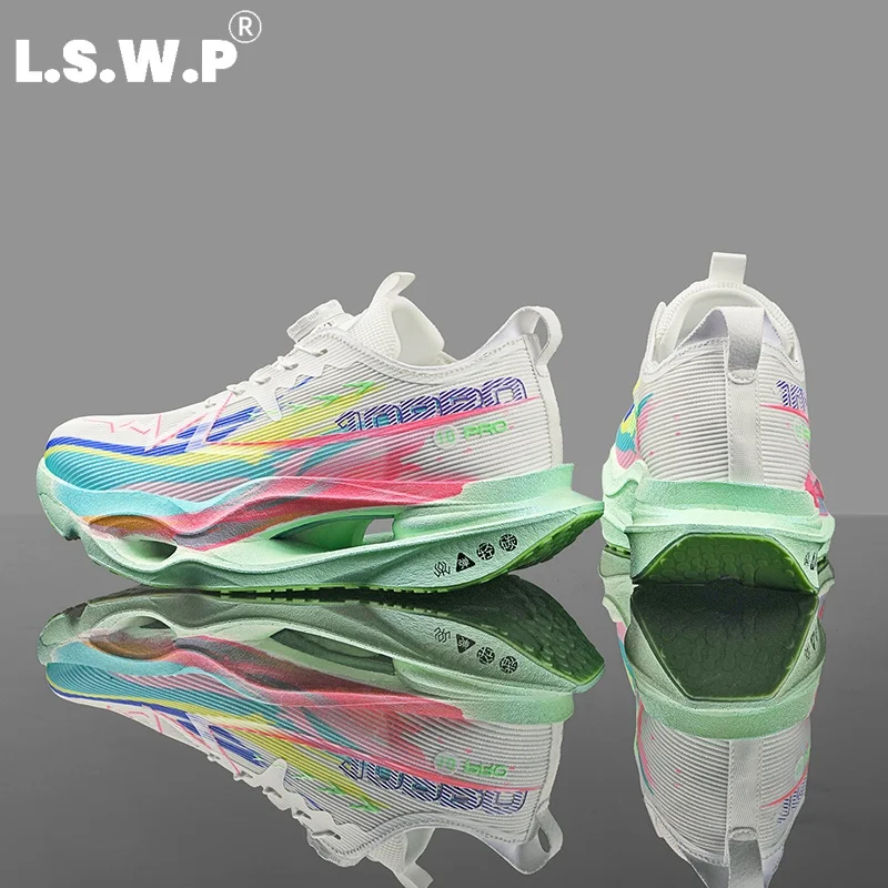 Men's Running Shoes, Tennis Shoes, Trendy Colorful Printed Racing Carbon Plate Running Shoes, Knob Buckle No-Tie Shoelaces, Unisex Sports Shoes, Lightweight Mesh Breathable Shoes, Hollow-Out