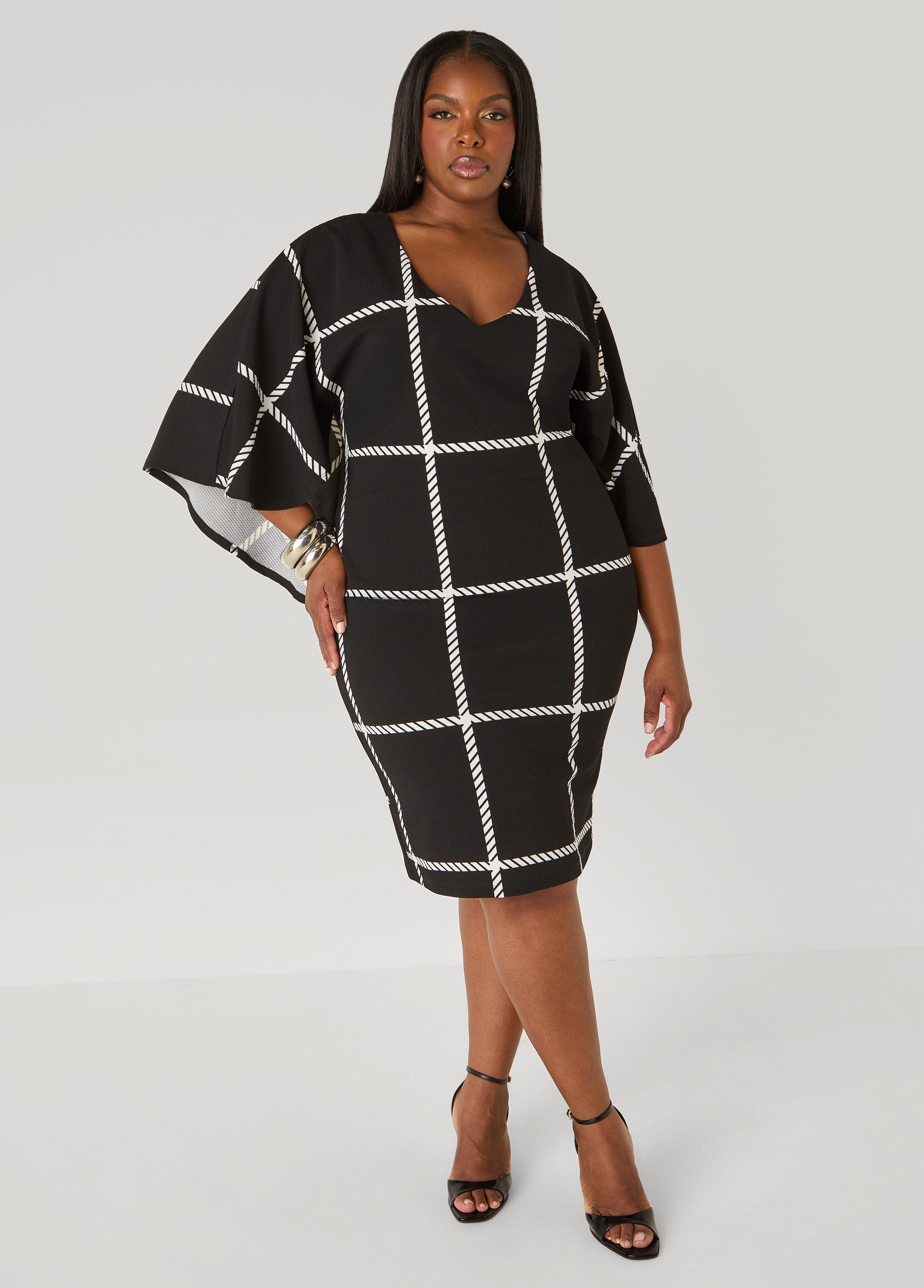 Plus Size Windowpane Cape Effect Dress