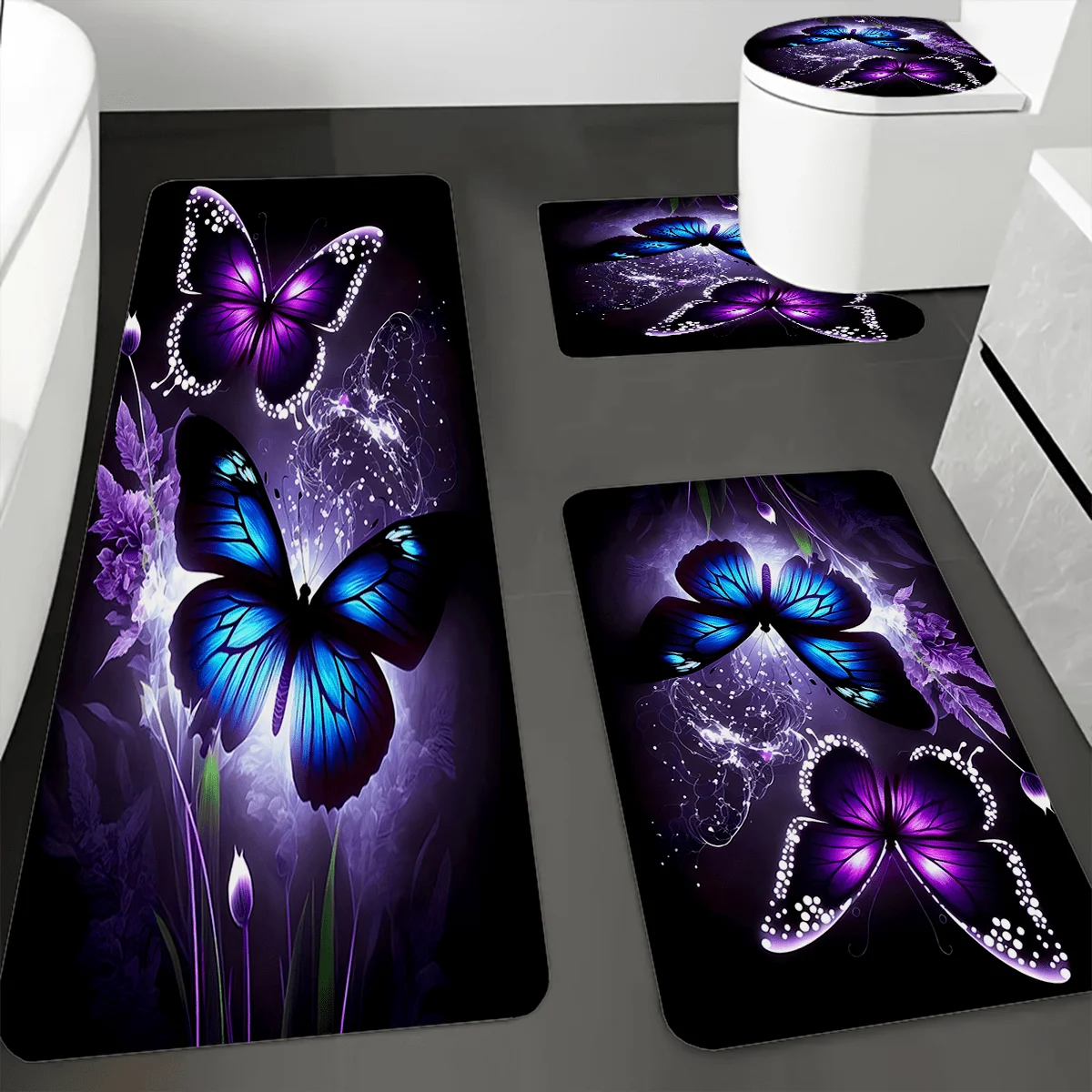 Ensemble de 1 pièce de tapis de protection pour salle de bain imprimé de papillons violets, tapis de salle de bain antidérapant, tapis de salle de bain en polyester, tapis de sol pour salle de bain.