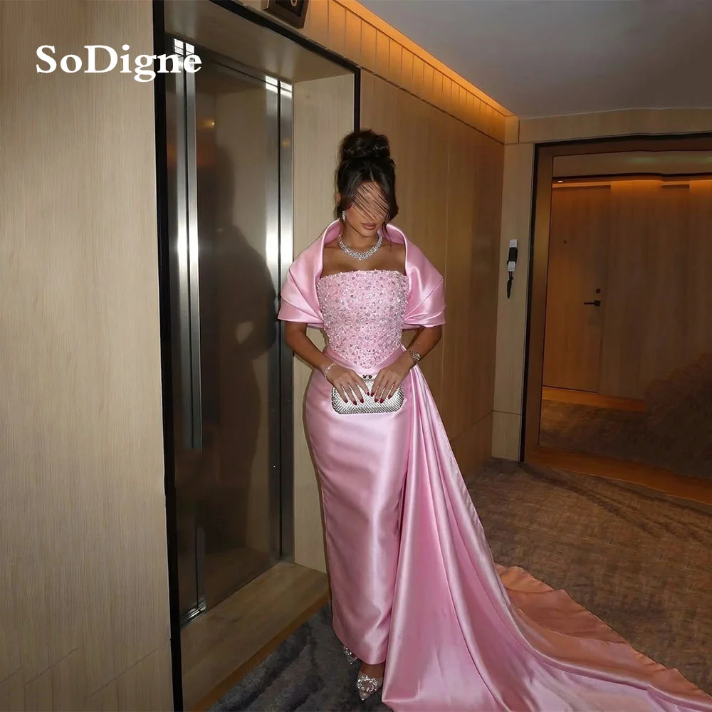 SoDigne Pink Mermaid Prom Dresses Satin Beaded Evening Dress Detachable Sleeve Prom Party Gowns 2026 Customized