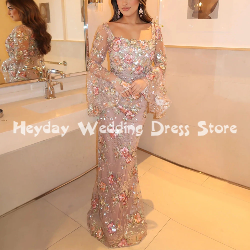 Heyday Women's Floral Lace Square-neck Straight Evening Dresses With Bell Sleeves Floor-Length Elegant Party Dresses 2026