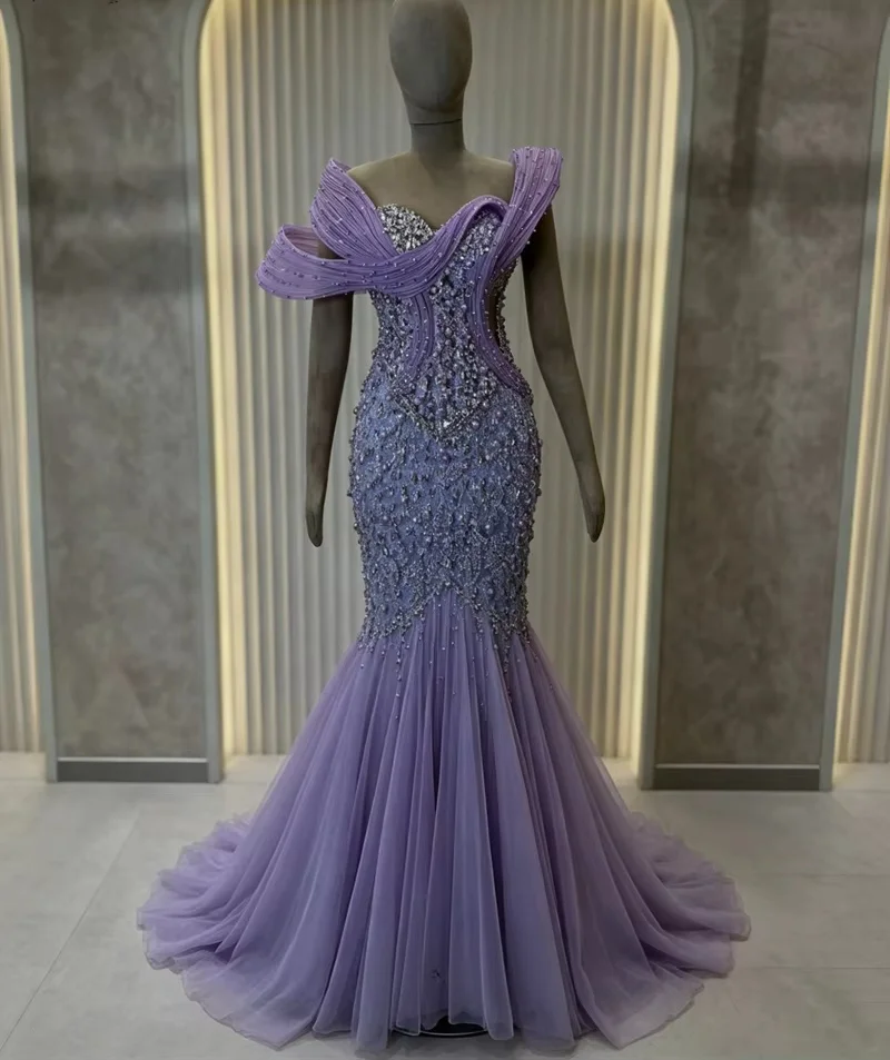 Lilac Long Middle Eastern Evening Dresses Luxury Pearls Beaded Saudi Arabia Dubai Robe De Soiree Prom Dress Gown Customized
