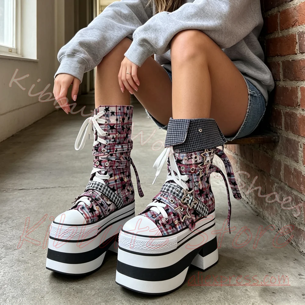 Super High Plateau-Stiefeletten, Stern-Karomuster, Stoff, mehrere Schnallen, Schnürung, Alt Damen-Schuhe, Y2K Rave Cosplay Street Shoes, Neu