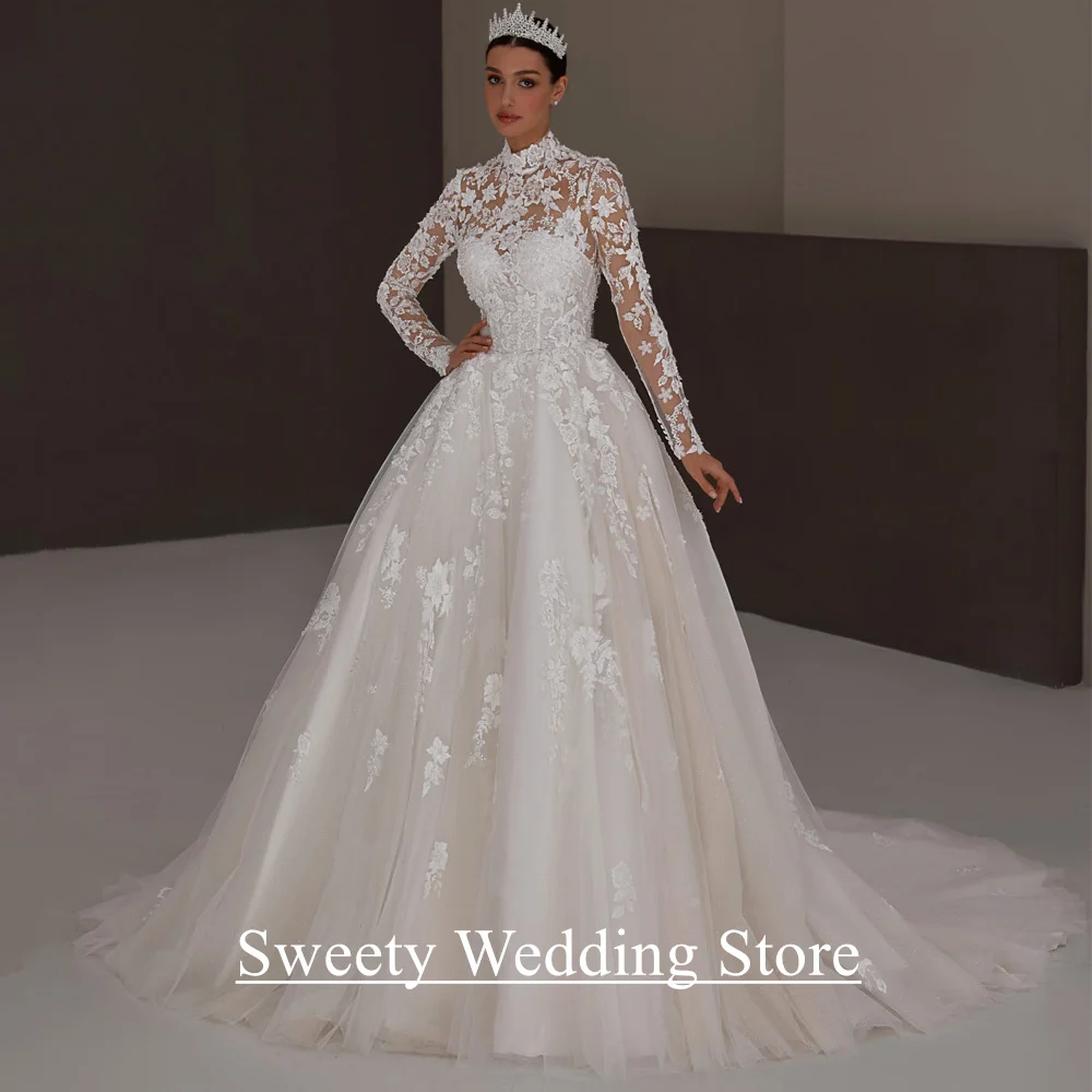 Romantic Bride Wedding Dress Customized High Neck Long Sleeves Beading Applique Illusion Back Buttons Arabian Bridal Gown