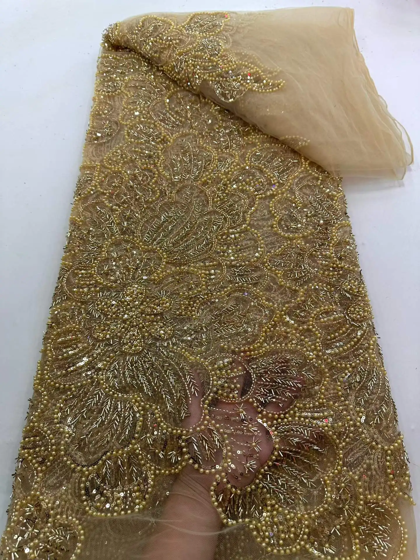 African French Sequined Lace Fabrics 2026 High Quality Tulle Lace Nigerian Beaded Embroidered Dress Material For Party Wedding