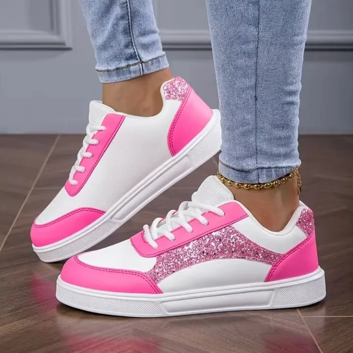 Glitzernde Skateschuhe für Damen in Rosa-Weiß, farblich abgestimmte Sneakers, modische Schnürschuhe, flache Freizeitschuhe, Damen-Streetwear für den Alltag F