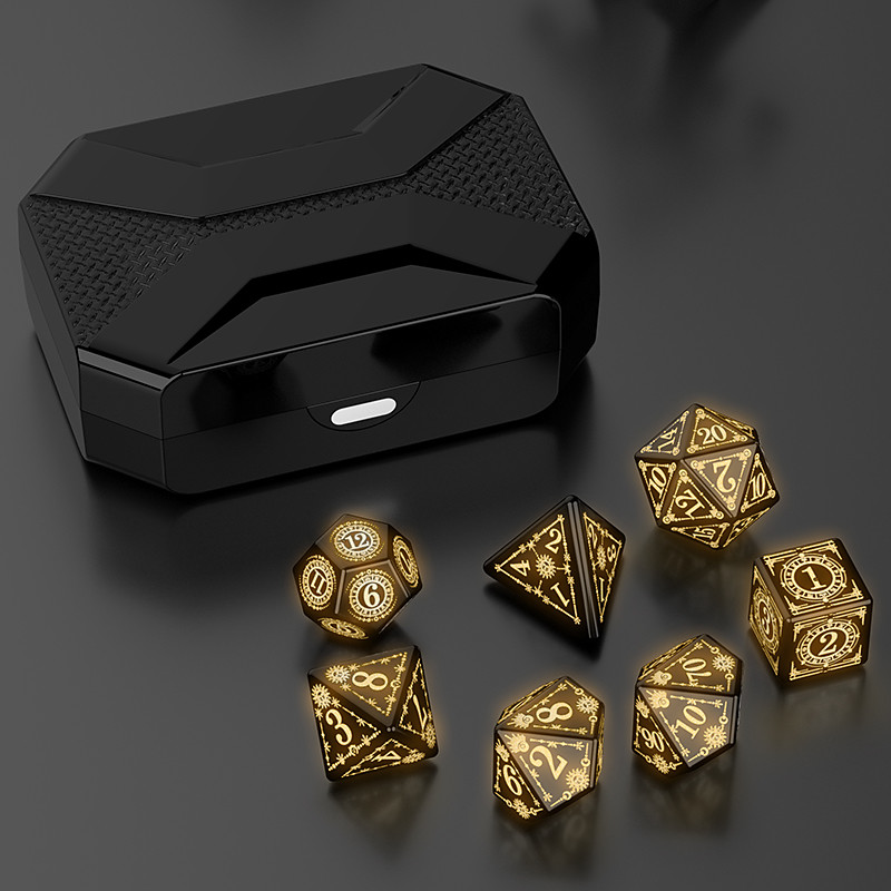 7 Piece Metal Polyhedral Dice Set with Storage and Charging Case, Rechargeable LED Electronic DND Dice, Gold Black RPG Dice for Dungeons and Dragons, Tabletop Role Playing Games and Gifts