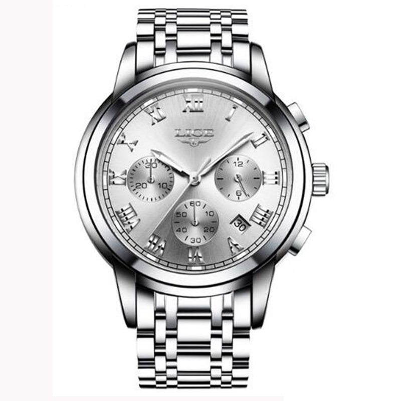 Luxury Quartz Watches For Men Business Auto Calendar Waterproof Stainless Steel Watch silver