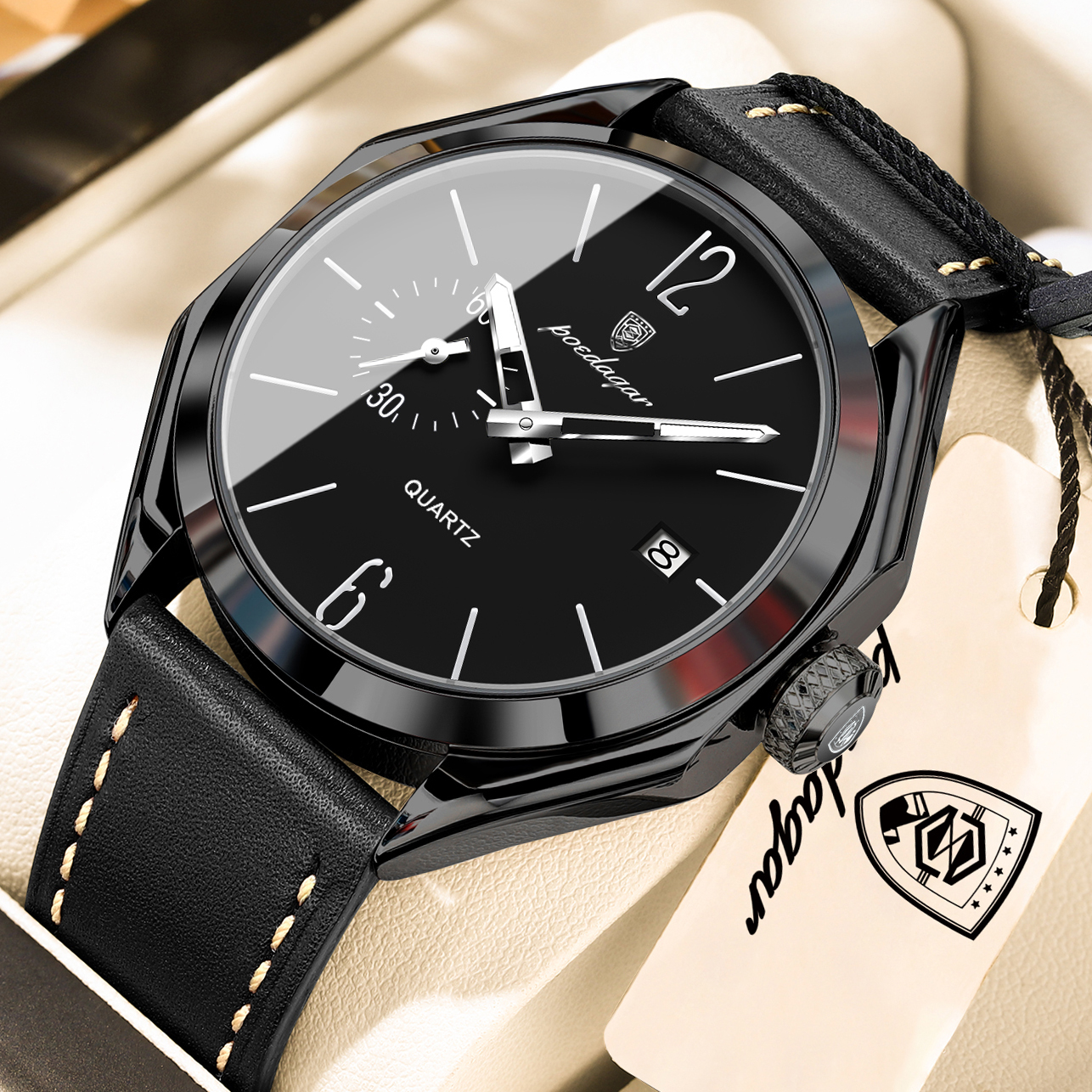 Luxury Leather Quartz Business Watch For Men With Luminous Date Display 689 Black Black