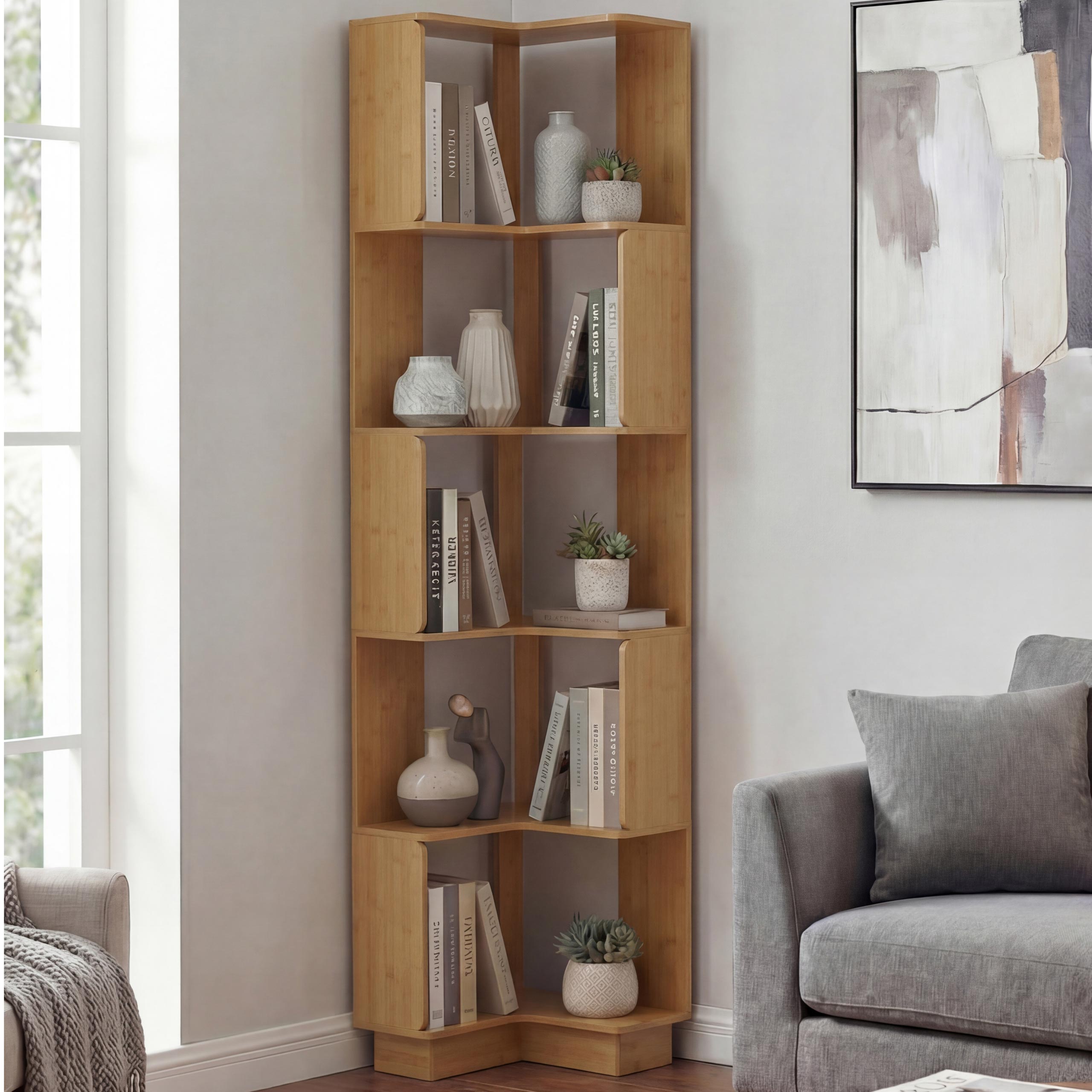 Eck-Bücherregal HWC-P53, Eckregal Standregal Wohnregal, 5 Ebenen MDF Melamin 175x40x40cm ~ Bambus-Optik