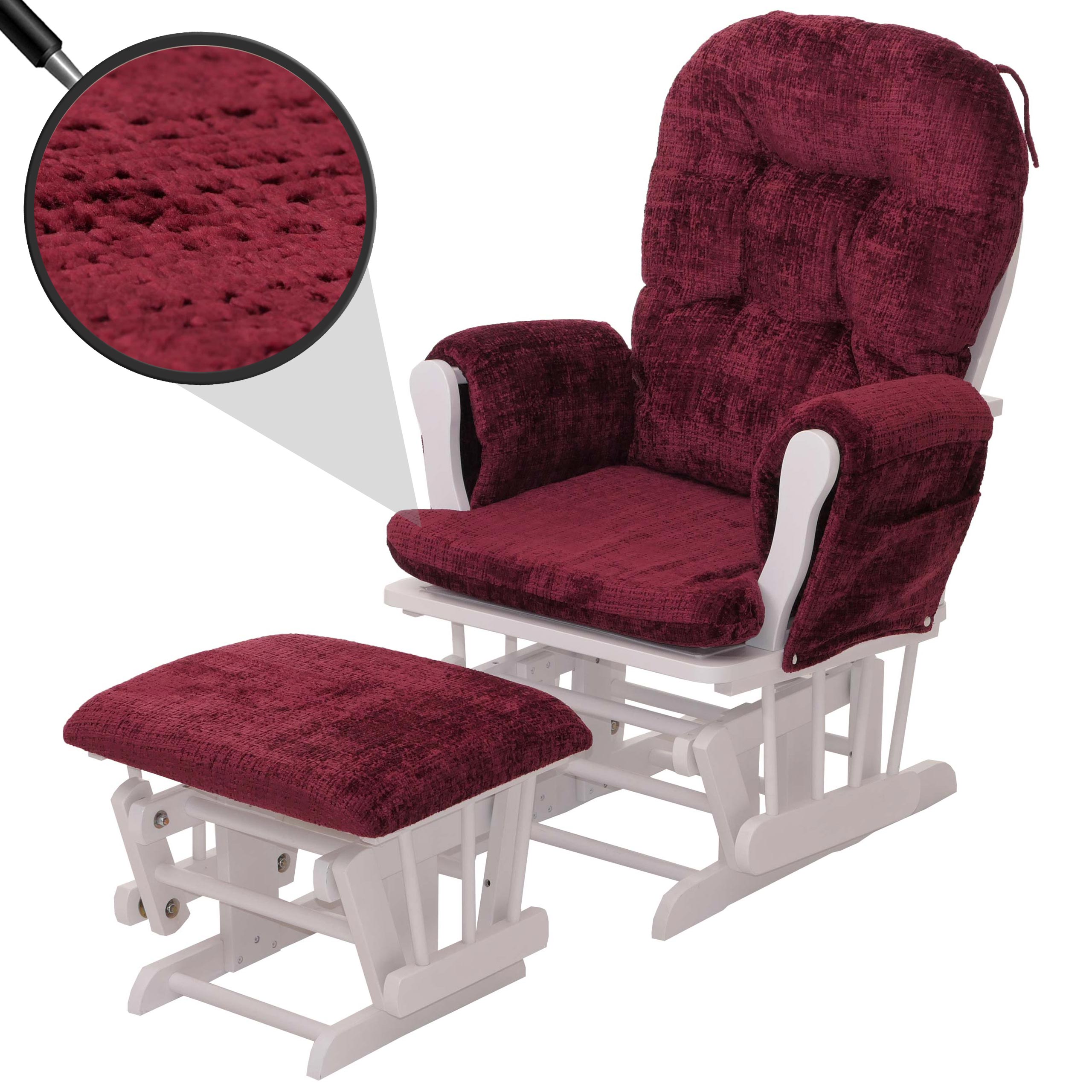 Relaxsessel HWC-C76, Schaukelstuhl Schwingstuhl mit Hocker Stoff Chenille (465g/m²) ~ bordeaux, Gestell weiß