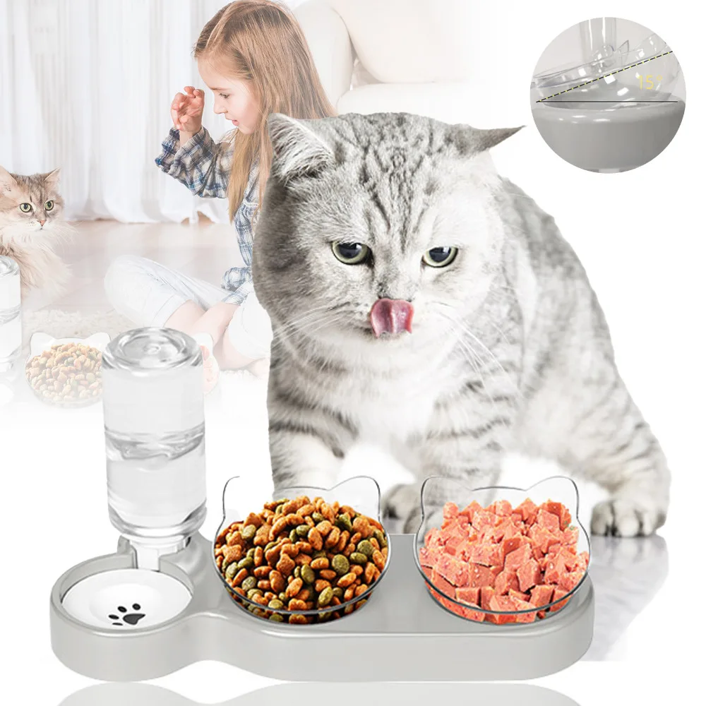 Ensemble de trois bols pour chat, bol à nourriture pour chat trois-en-un, 15 ° Bol incliné pour nourriture de chat, bol, abreuvoir pour chat et accessoires, bol surélevé pour nourriture de chat,