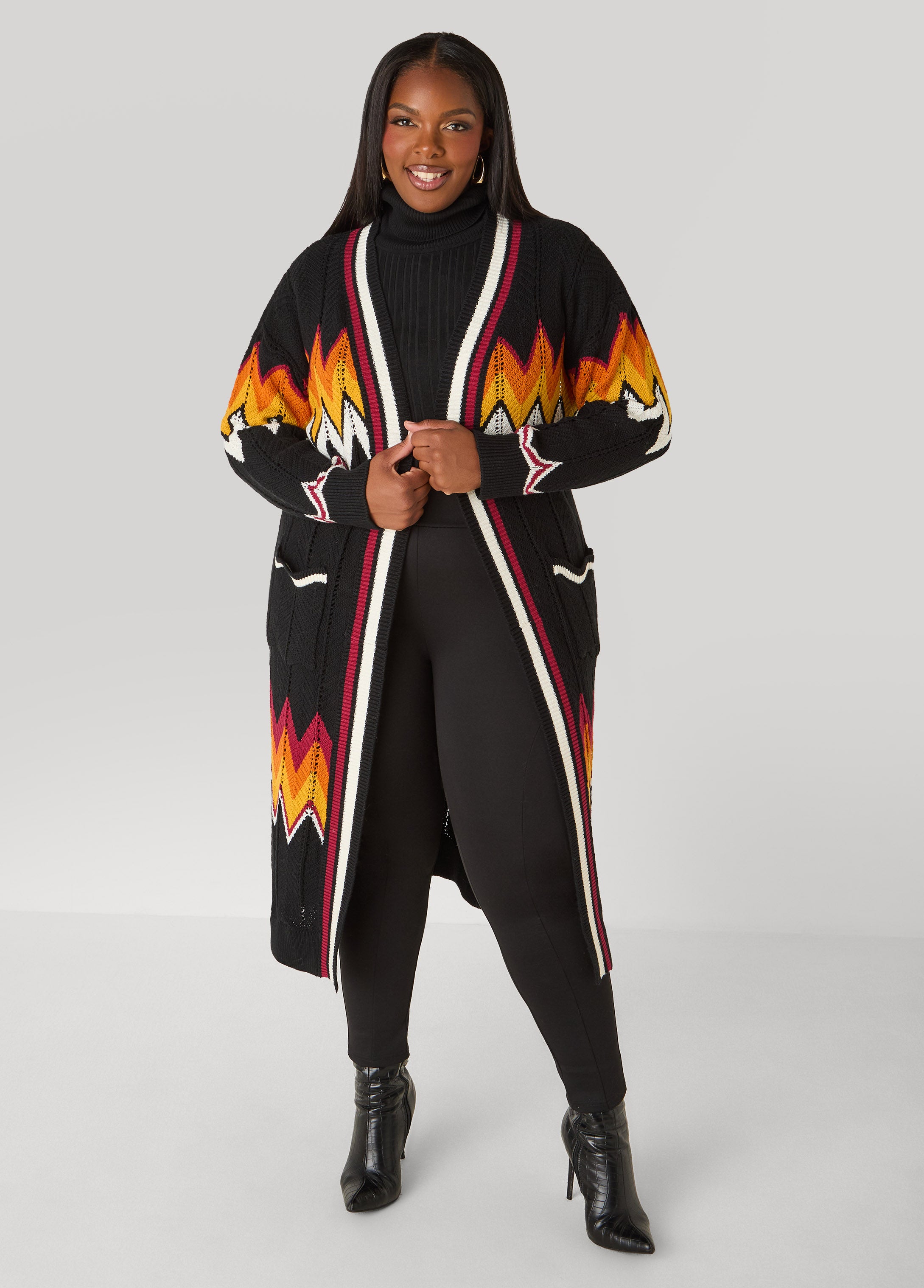 Plus Size Open Front Chevron Knit Duster