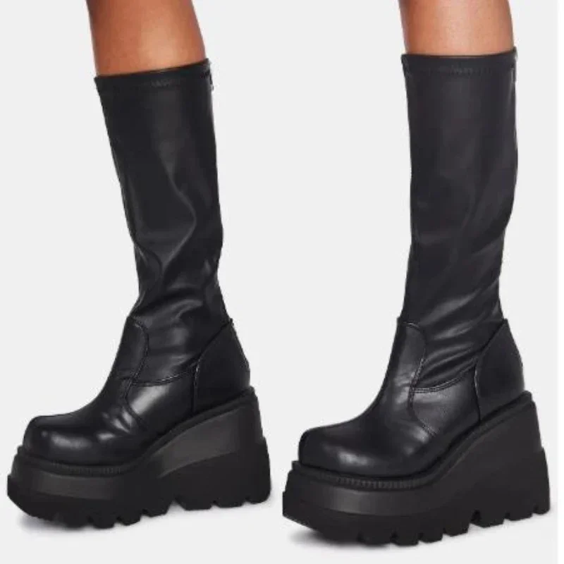 Damen Stiefeletten mit Keilabsatz, Hoher Schaft, Rutschfester Sohle, Neue Mode, Dicke Sohle, Gothic-Stil, Bequeme Freizeitschuhe für Damen