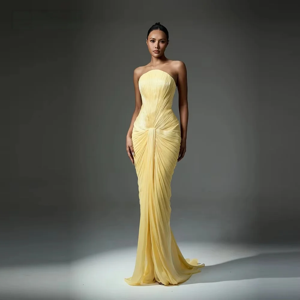 Women Strapless Ruched Mermaid Maxi Dress Knot Front Draped Bodycon Gown Formal Wedding Guest Evening Party Dresses