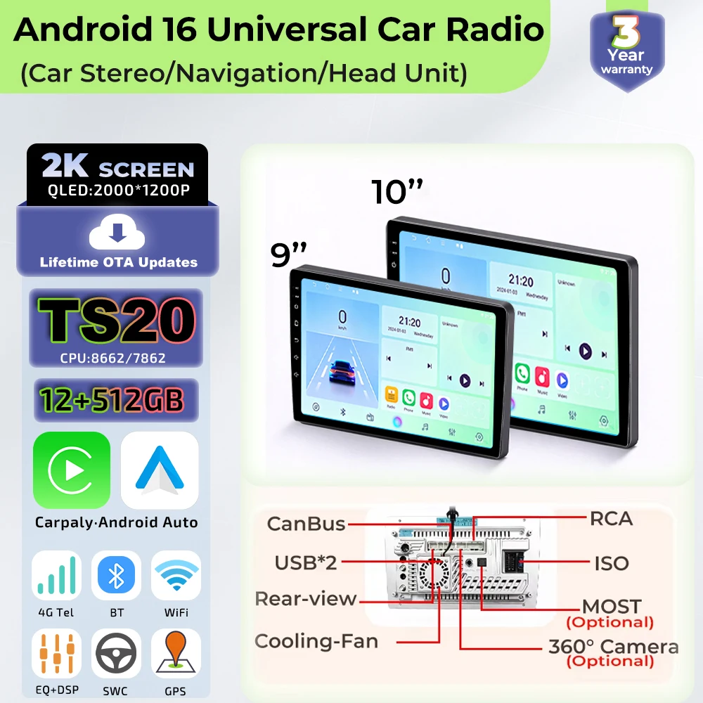 Android 16, autoradio universel 9/10 pouces, compatible CarPlay, Android Auto, GPS, lecteur multimédia, 2 DIN, lecteur WiFi, écran QLED, Bluetooth.