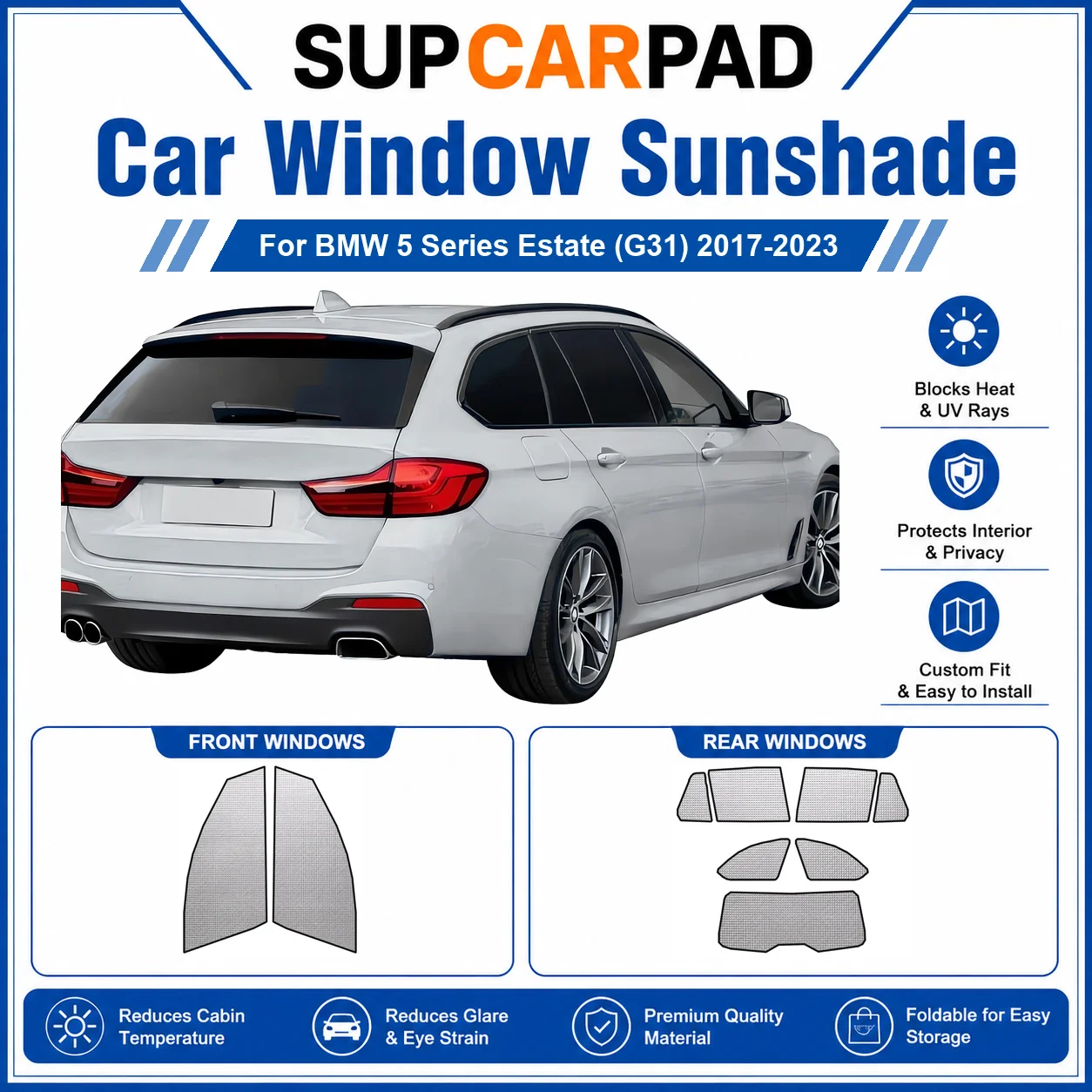 Pour BMW - BMW Série 5 Break (G31) 2017-2023 - Ensemble complet de pare-soleil pour vitres de voiture - Protection UV - Isolation thermique - Rideaux de voiture pliables