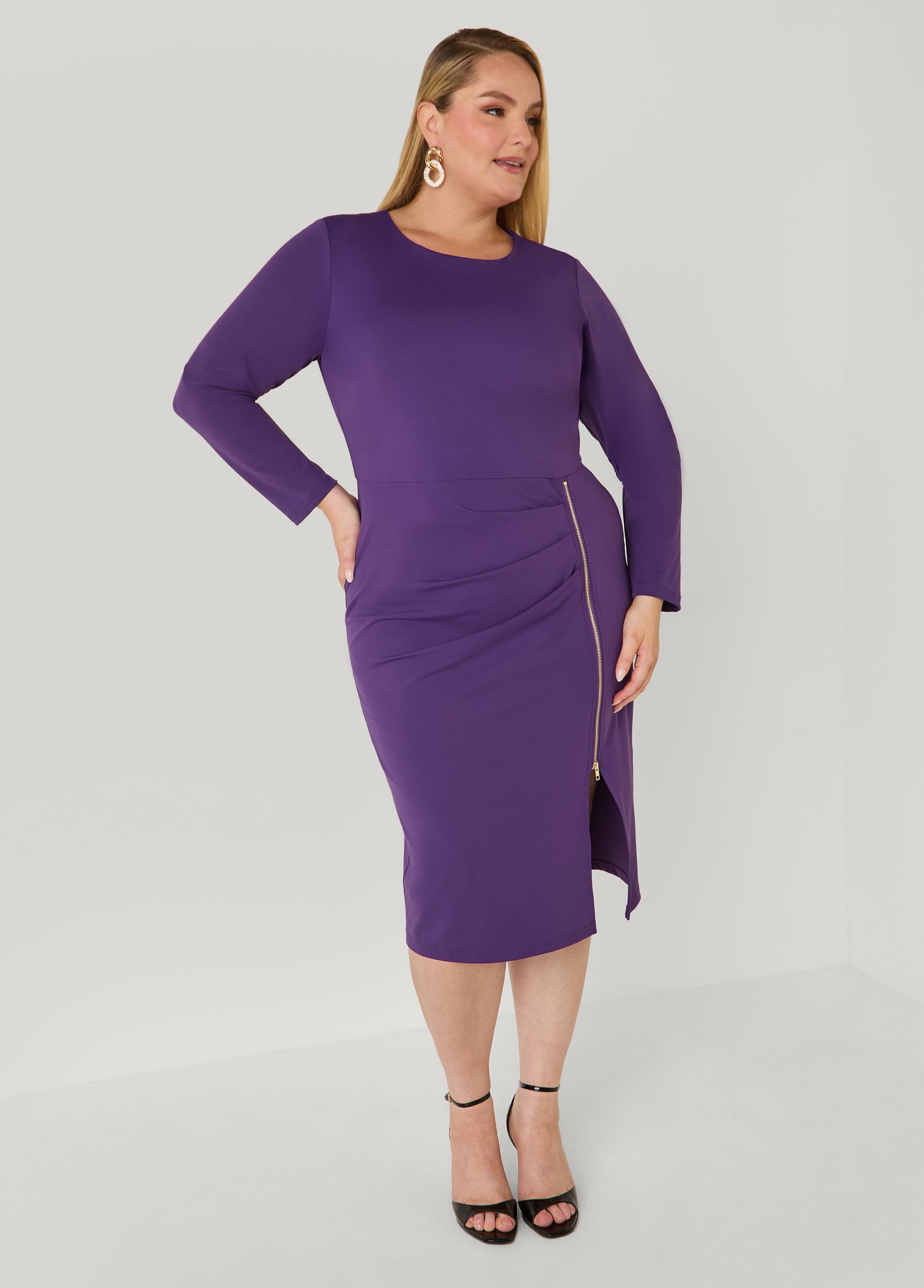 Plus Size Zip Detailed Midi Dress - Ashley Stewart