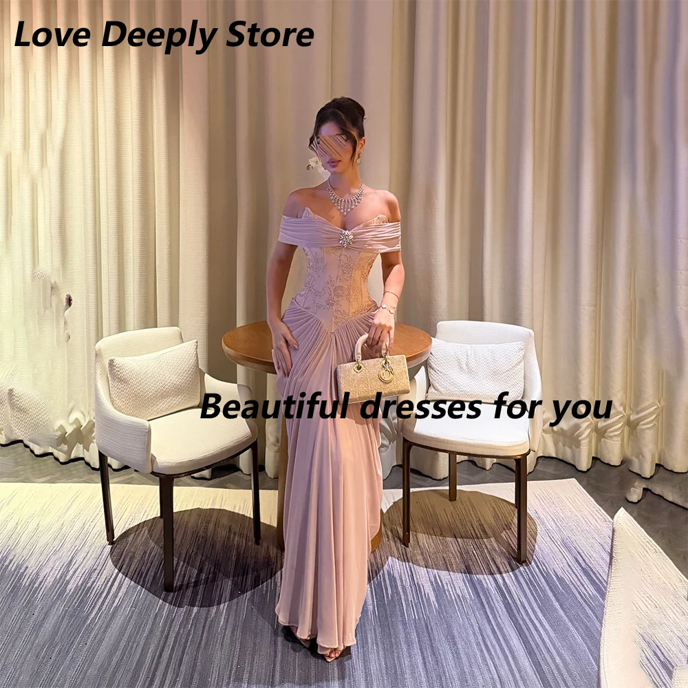 Elegant Women Pink Evening Dress Customized Off Shoulder Lace Bodice Ruched Chiffon Mermaid Formal Party Prom Gown 2026