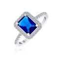 3CT AAA CZ Pave Band Rectangle Solitaire Halo Blue Simulated Sapphire Emerald Cut Engagement Ring For Women .925 Sterling Silver