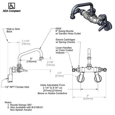 T&S B-0238 Wall Mounted Pantry Faucet with Adjustable Centers, 6" Swing Nozzle with Garden Hose Outlet, and Eterna Cartridges
