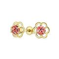 Minimalist Tiny Red CZ Open Flower Stud Earrings For Teen Cubic Zirconia Simulated Garnet Real Gold Screw back